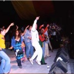 A typical Toots crowd, this one joining us on stage at Reggae On The River 2001